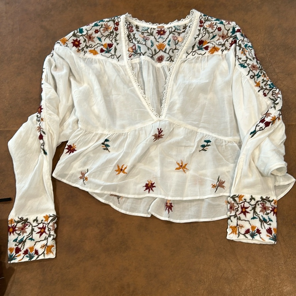 Free people embroidered flowered flounce boho top